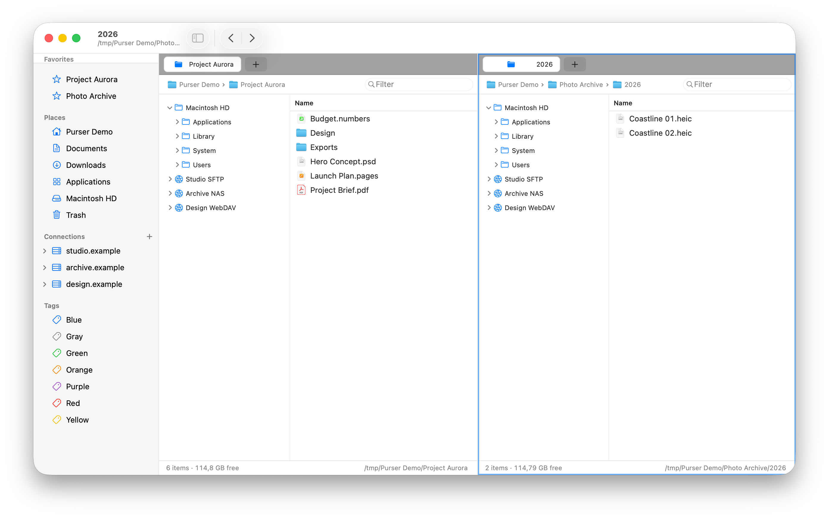 Purser showing a native Mac window with saved remote connections and two file browsing panes, each with its own tabs and folder tree.